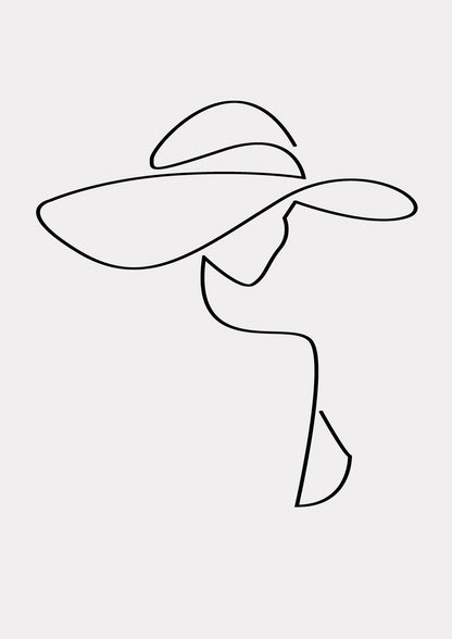 Lady In Hat Line Drawing Black White Wall Art - detail