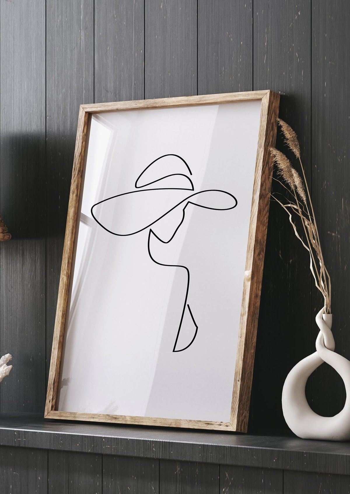 Lady In Hat Line Drawing Black White Wall Art - living room 3