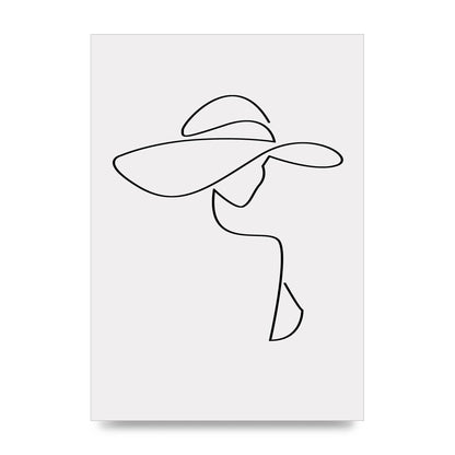 Lady In Hat Line Drawing Black White Wall Art - unframed print