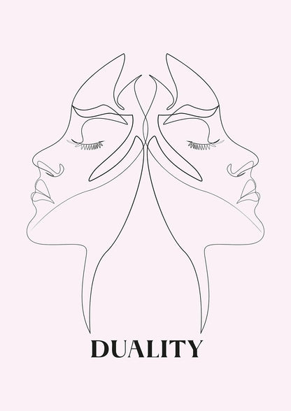 Duality Line Drawing Black White Printed Poster - detail