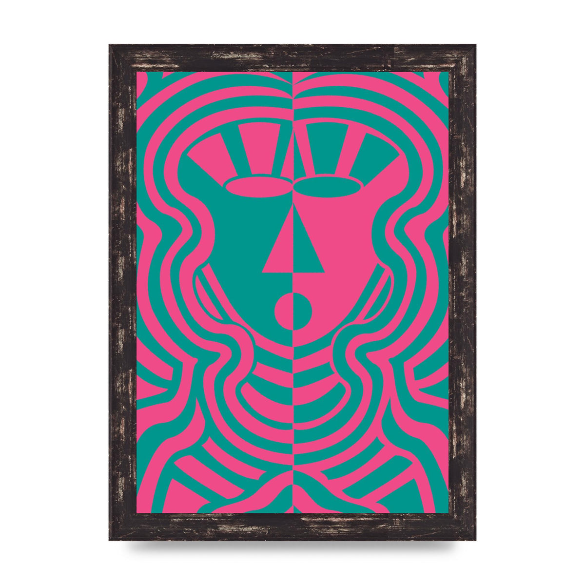 Psychedellic Face Pink Green Wall Art - A4 framed