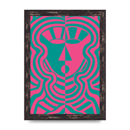 Psychedellic Face Pink Green Wall Art - A4 framed
