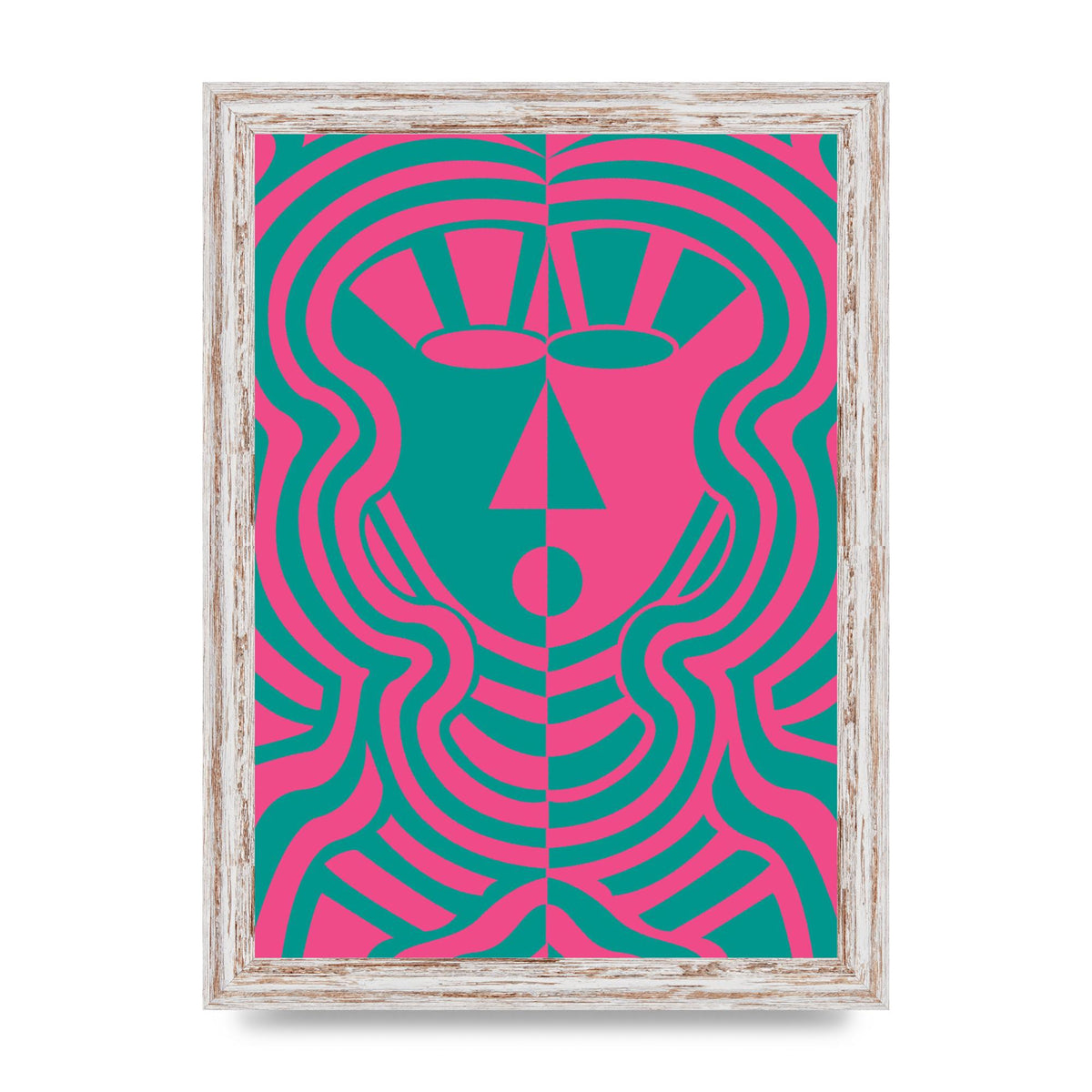 Psychedellic Face Pink Green Wall Art - A4 framed