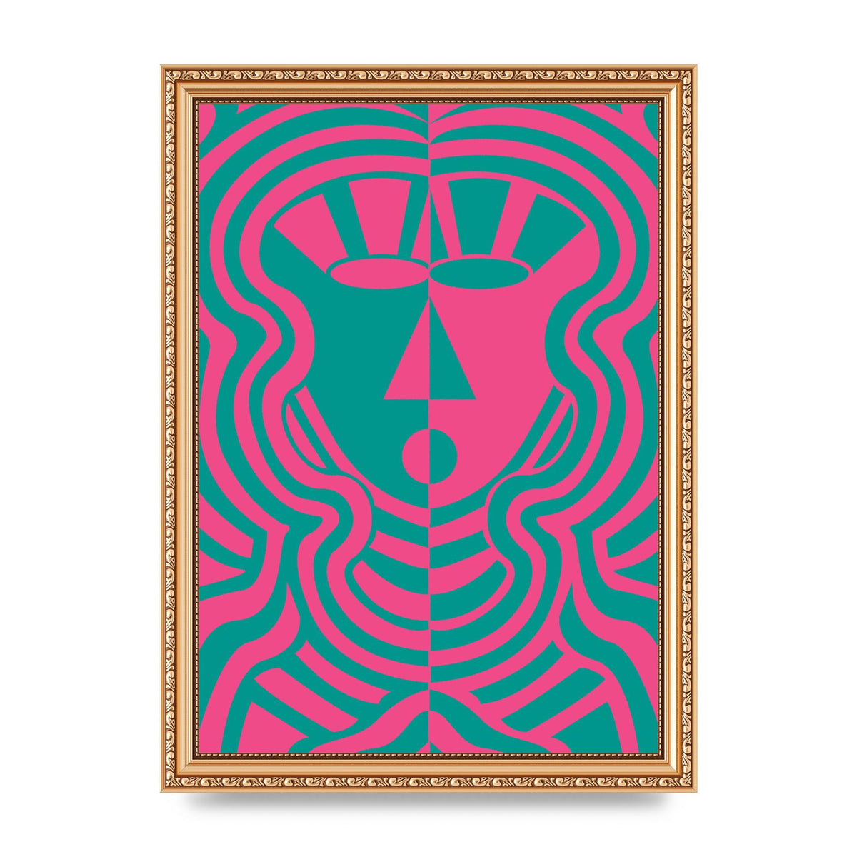 Psychedellic Face Pink Green Wall Art - A4 framed