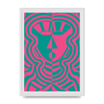 Psychedellic Face Pink Green Wall Art - A4 framed