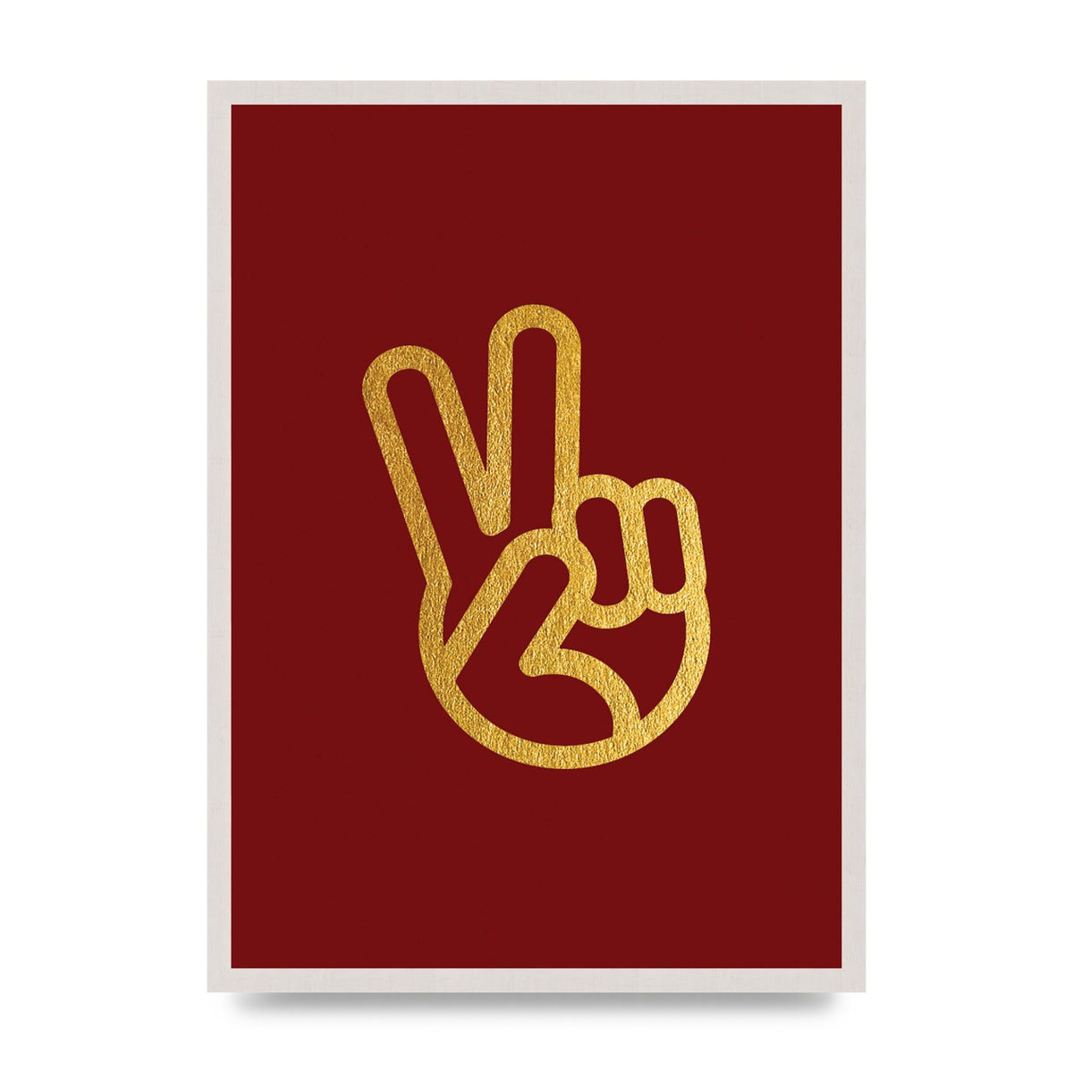 Deep Red Peace Sign Gold print in an A2 white saw cut grain frame