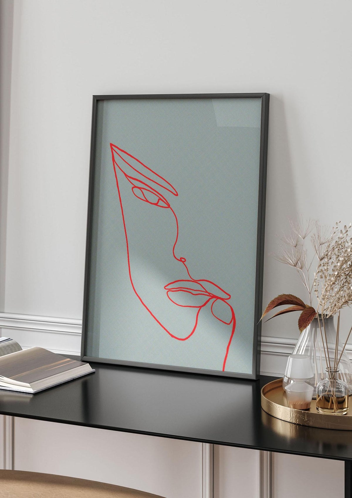 Face Line Illustration Red Wall Art - living room 4