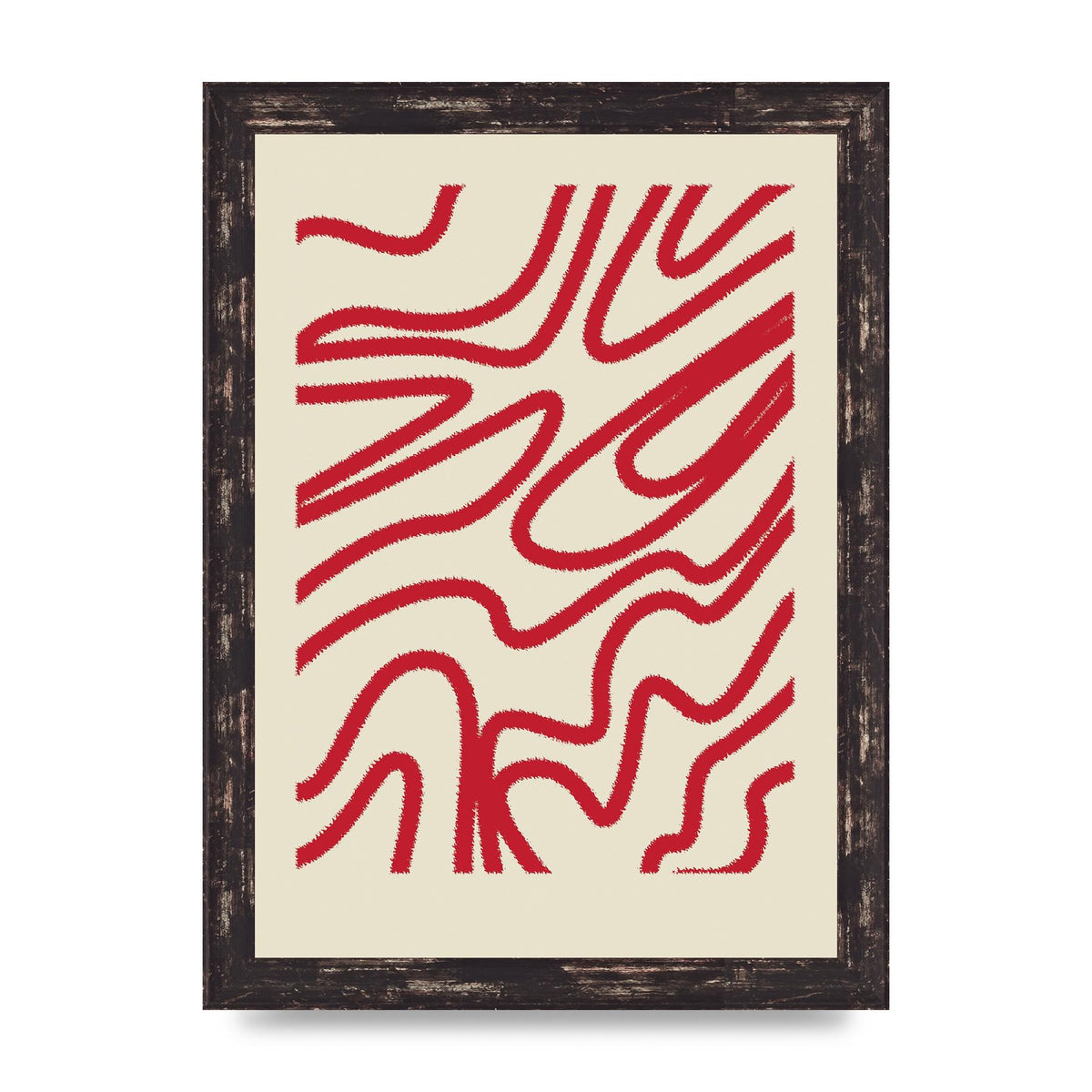 Abstract Red Shaggy Line Wall Art - A4 framed