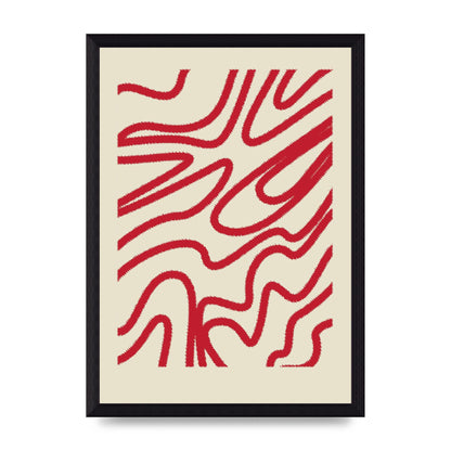Abstract Red Shaggy Line Wall Art - A4 framed