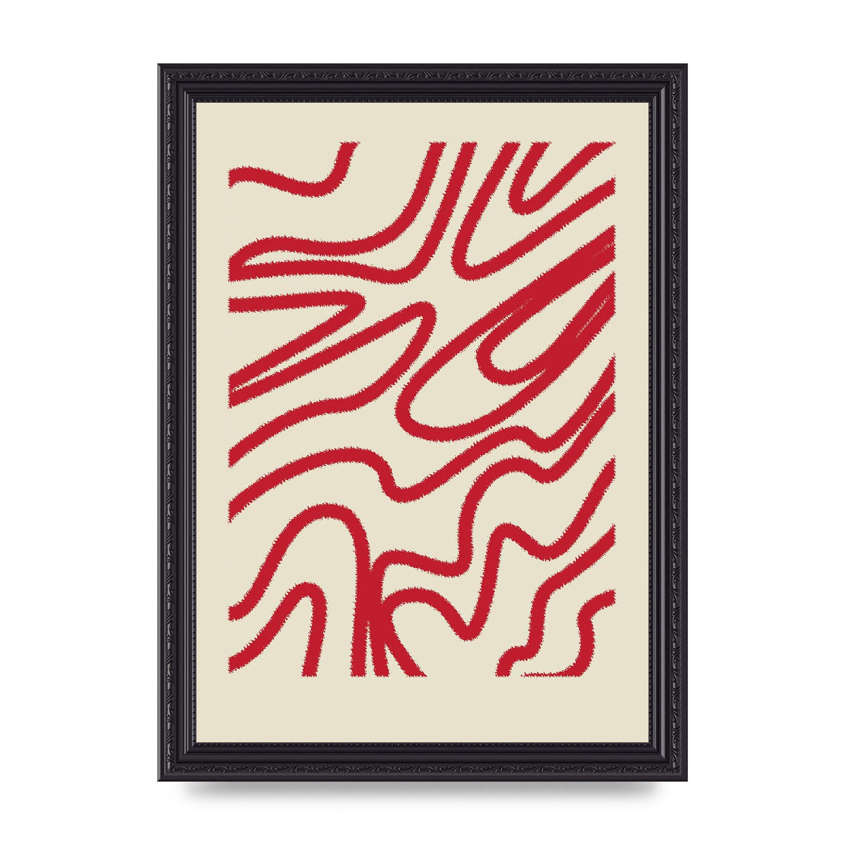 Abstract Red Shaggy Line Wall Art - A4 framed