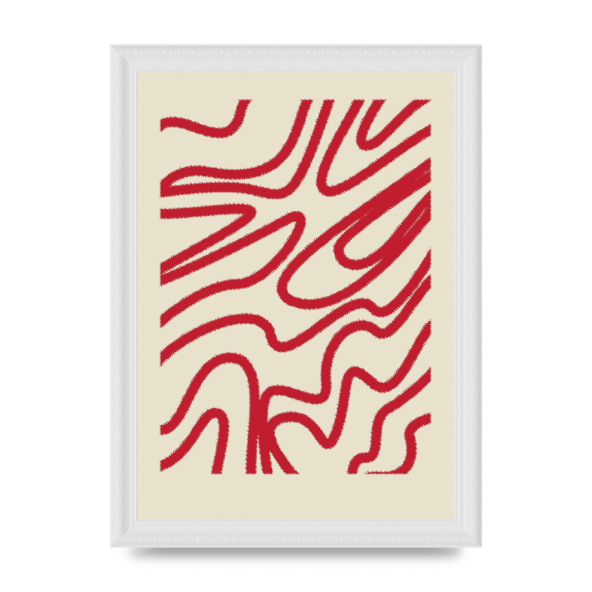 Abstract Red Shaggy Line Wall Art - A4 framed