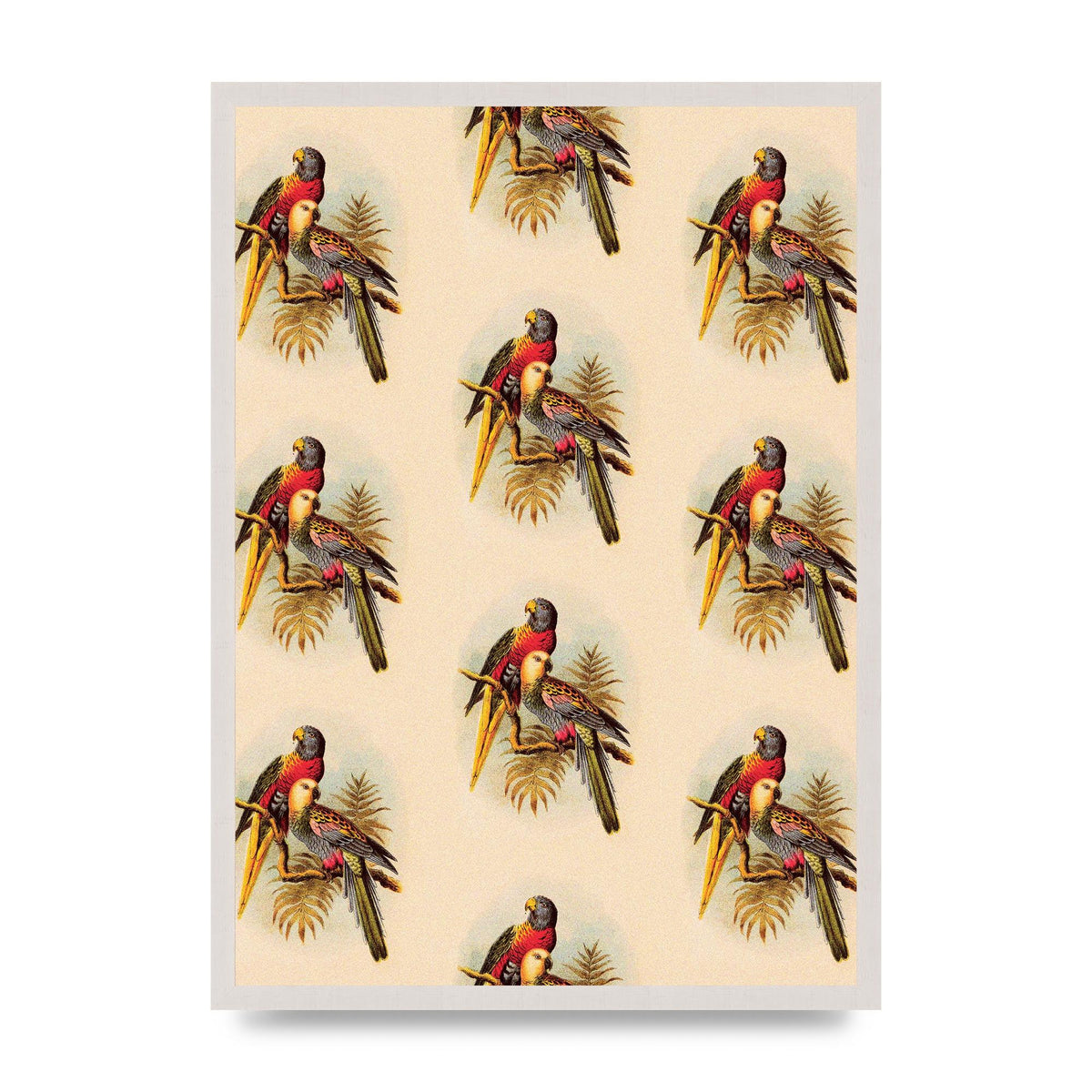 Vintage Style Tropical Parrot Pattern print in an A2 white saw cut grain frame
