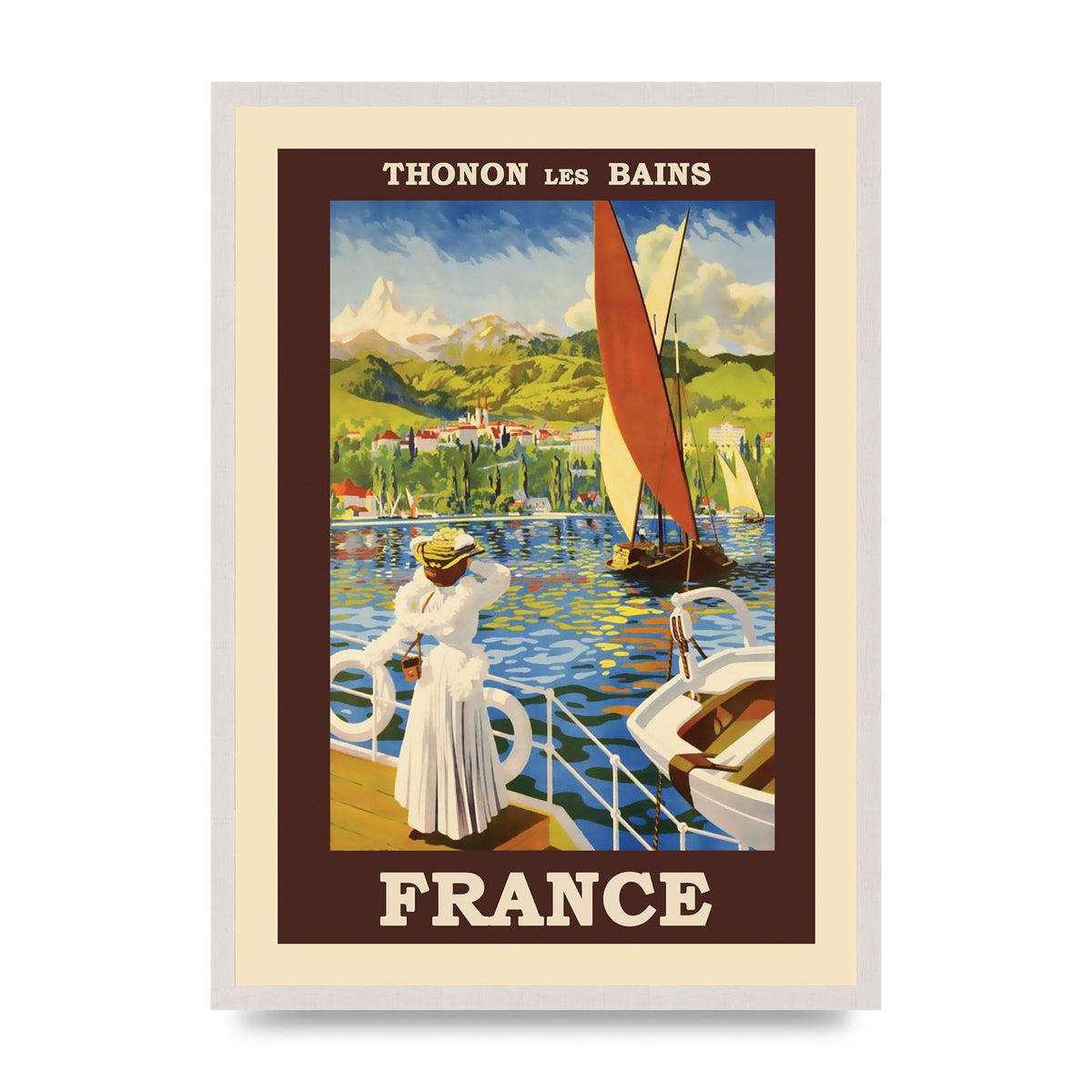 Travel Poster Thonon Les Bains France print in an A2 white saw cut grain frame
