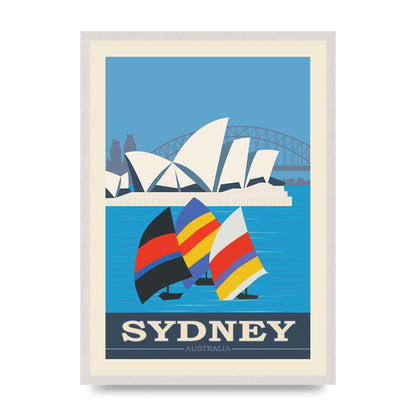 Travel Poster Sydney print in an A2 white saw cut grain frame