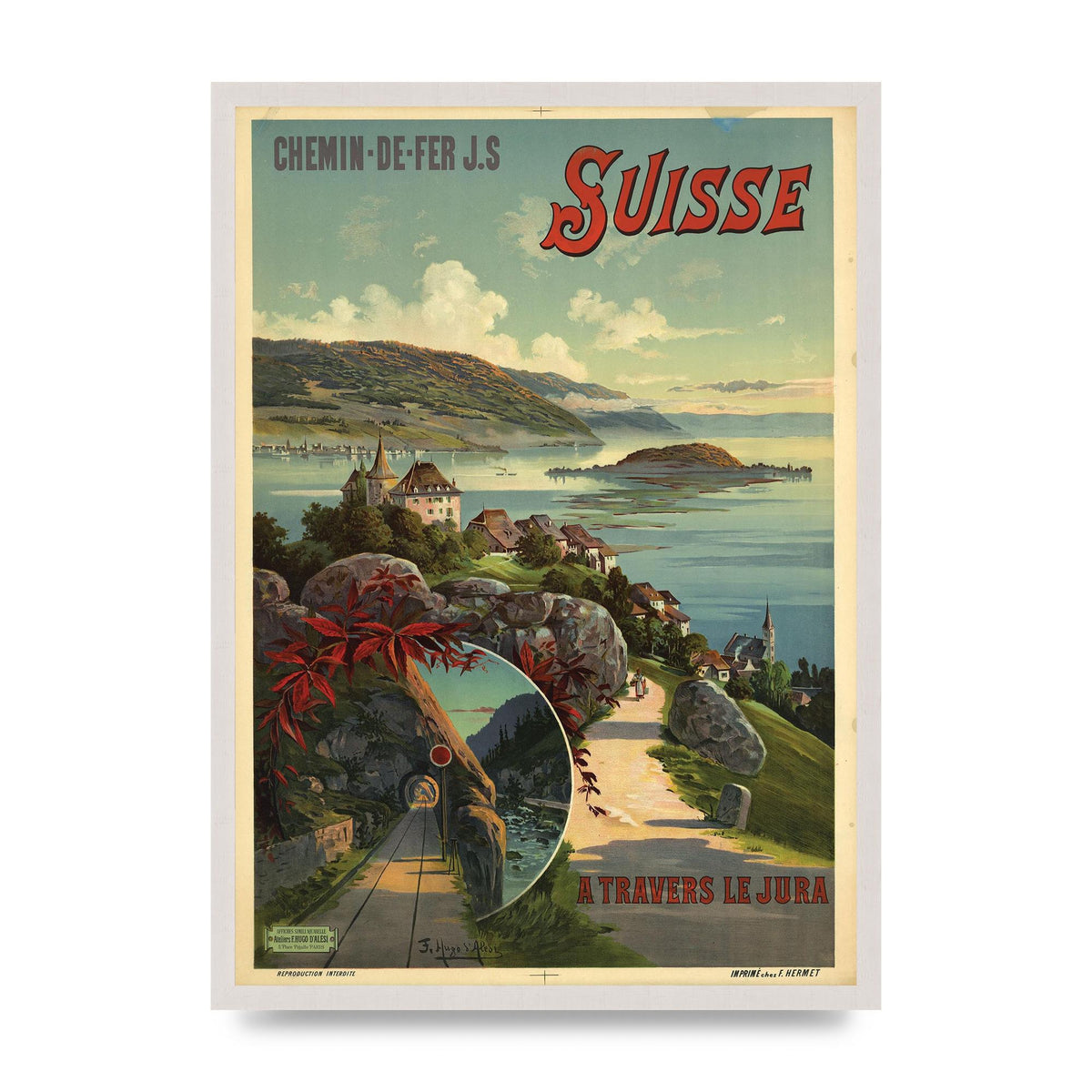 Travel Poster Switzerland print in an A2 white saw cut grain frame