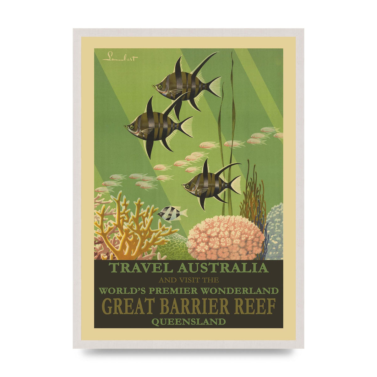 Travel Poster Great Barrier Reef Australia print in an A2 white saw cut grain frame