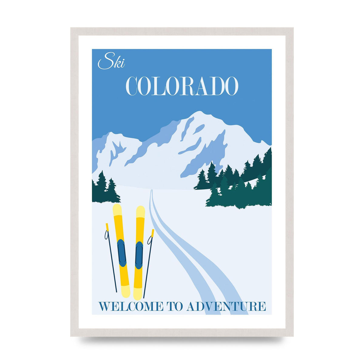 Travel Poster Colorado print in an A2 white saw cut grain frame