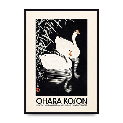 Ohara Koson White Chinese Geese Swimming By Reeds 1928 Printed Poster - A2 framed