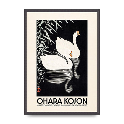 Ohara Koson White Chinese Geese Swimming By Reeds 1928 Printed Poster - A2 framed