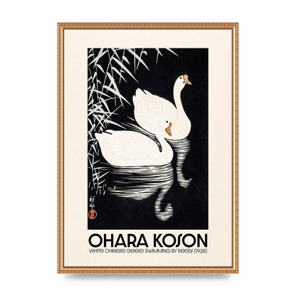 Ohara Koson White Chinese Geese Swimming By Reeds 1928 Printed Poster - A2 framed