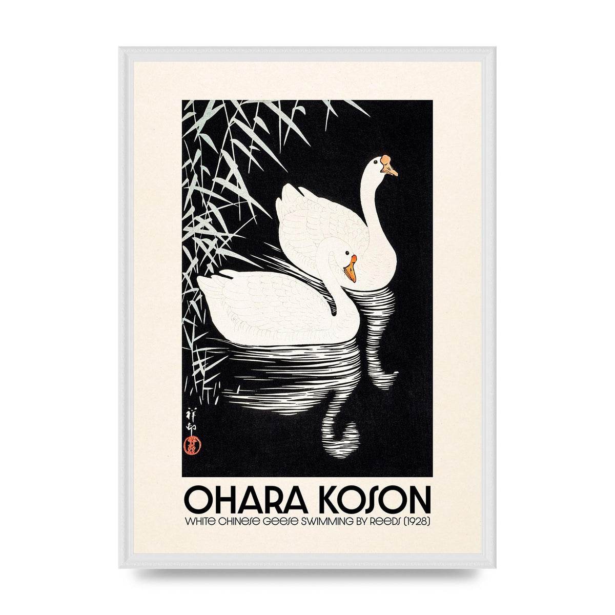 Ohara Koson White Chinese Geese Swimming By Reeds 1928 Printed Poster - A2 framed