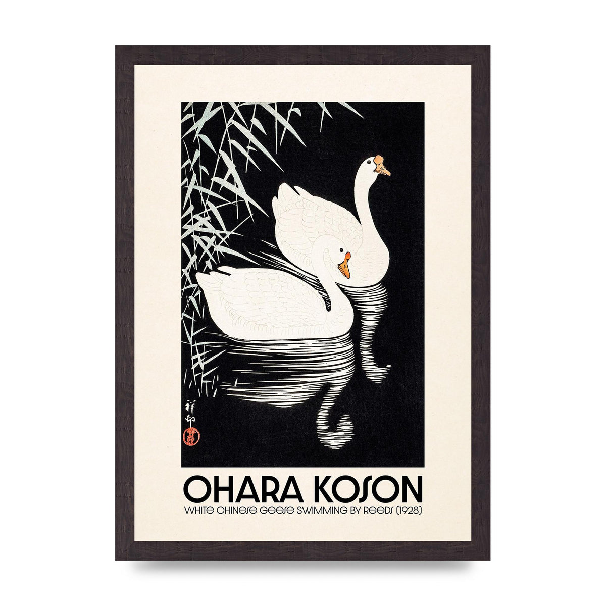 Ohara Koson White Chinese Geese Swimming By Reeds 1928 Printed Poster - A3 framed