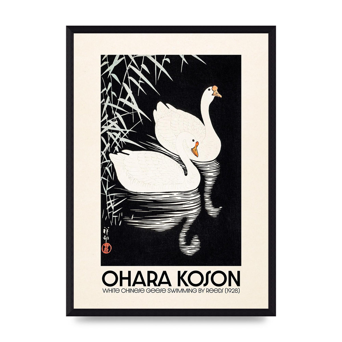 Ohara Koson White Chinese Geese Swimming By Reeds 1928 Printed Poster - A3 framed