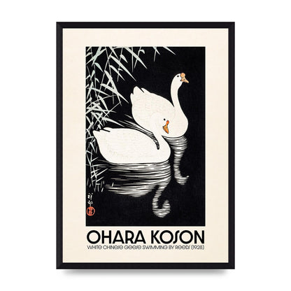 Ohara Koson White Chinese Geese Swimming By Reeds 1928 Printed Poster - A3 framed