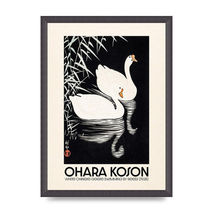 Ohara Koson White Chinese Geese Swimming By Reeds 1928 Printed Poster - A3 framed