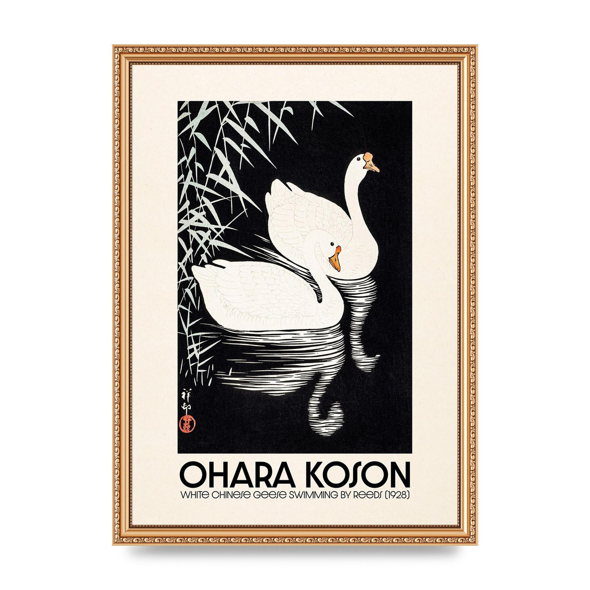 Ohara Koson White Chinese Geese Swimming By Reeds 1928 Printed Poster - A3 framed