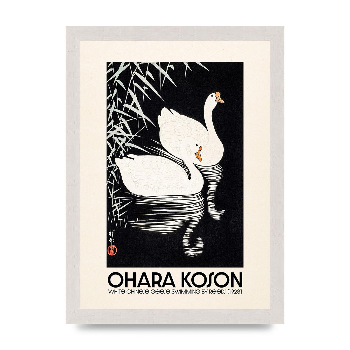 Ohara Koson White Chinese Geese Swimming By Reeds 1928 Printed Poster - A4 framed