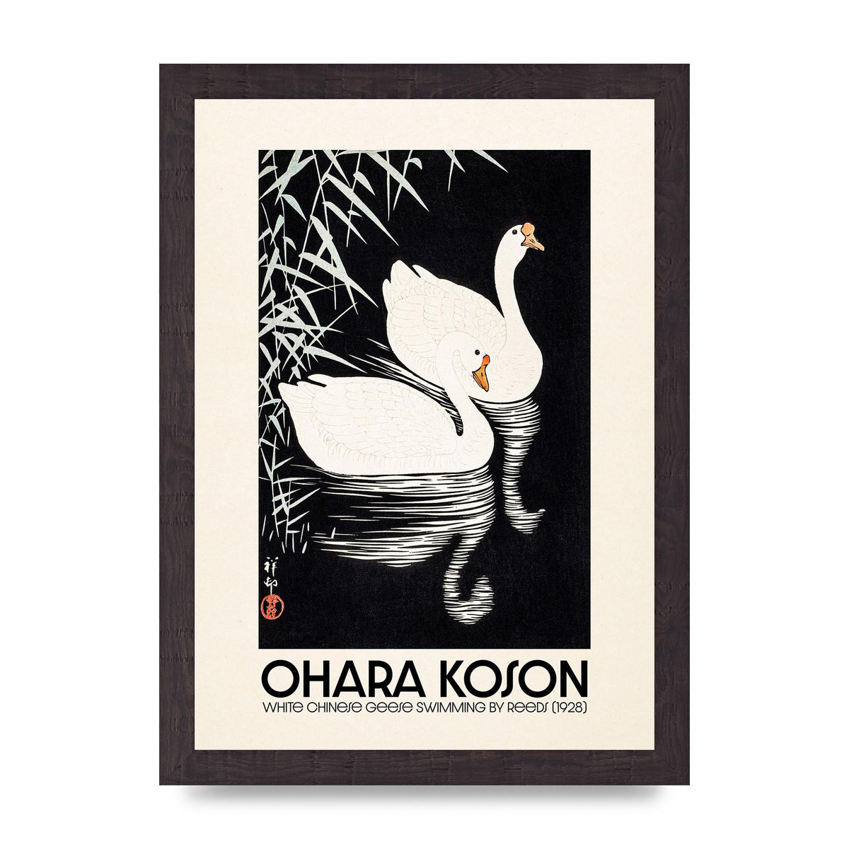 Ohara Koson White Chinese Geese Swimming By Reeds 1928 Printed Poster - A4 framed