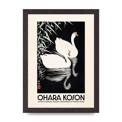 Ohara Koson White Chinese Geese Swimming By Reeds 1928 Printed Poster - A4 framed