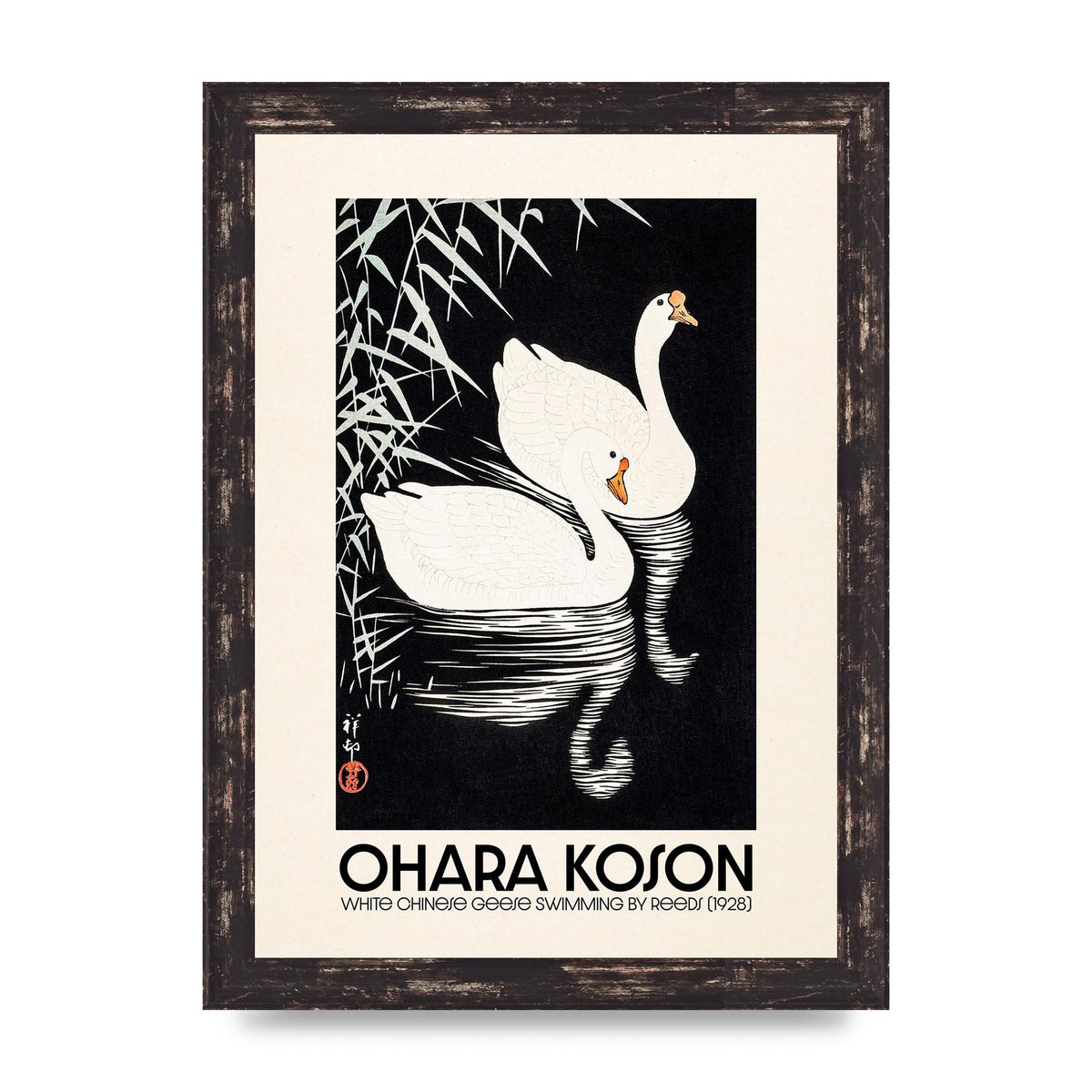Ohara Koson White Chinese Geese Swimming By Reeds 1928 Printed Poster - A4 framed