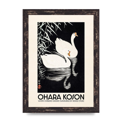 Ohara Koson White Chinese Geese Swimming By Reeds 1928 Printed Poster - A4 framed