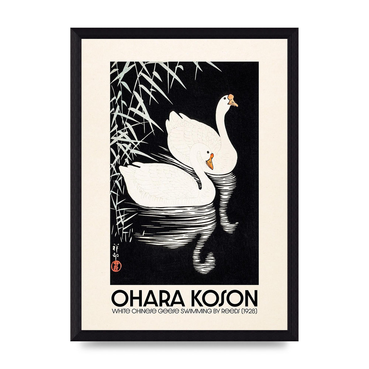 Ohara Koson White Chinese Geese Swimming By Reeds 1928 Printed Poster - A4 framed