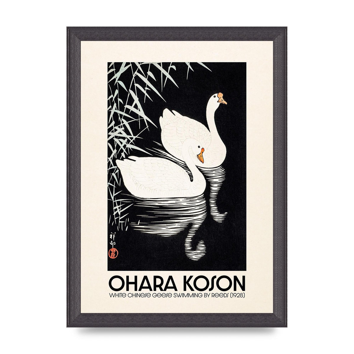 Ohara Koson White Chinese Geese Swimming By Reeds 1928 Printed Poster - A4 framed