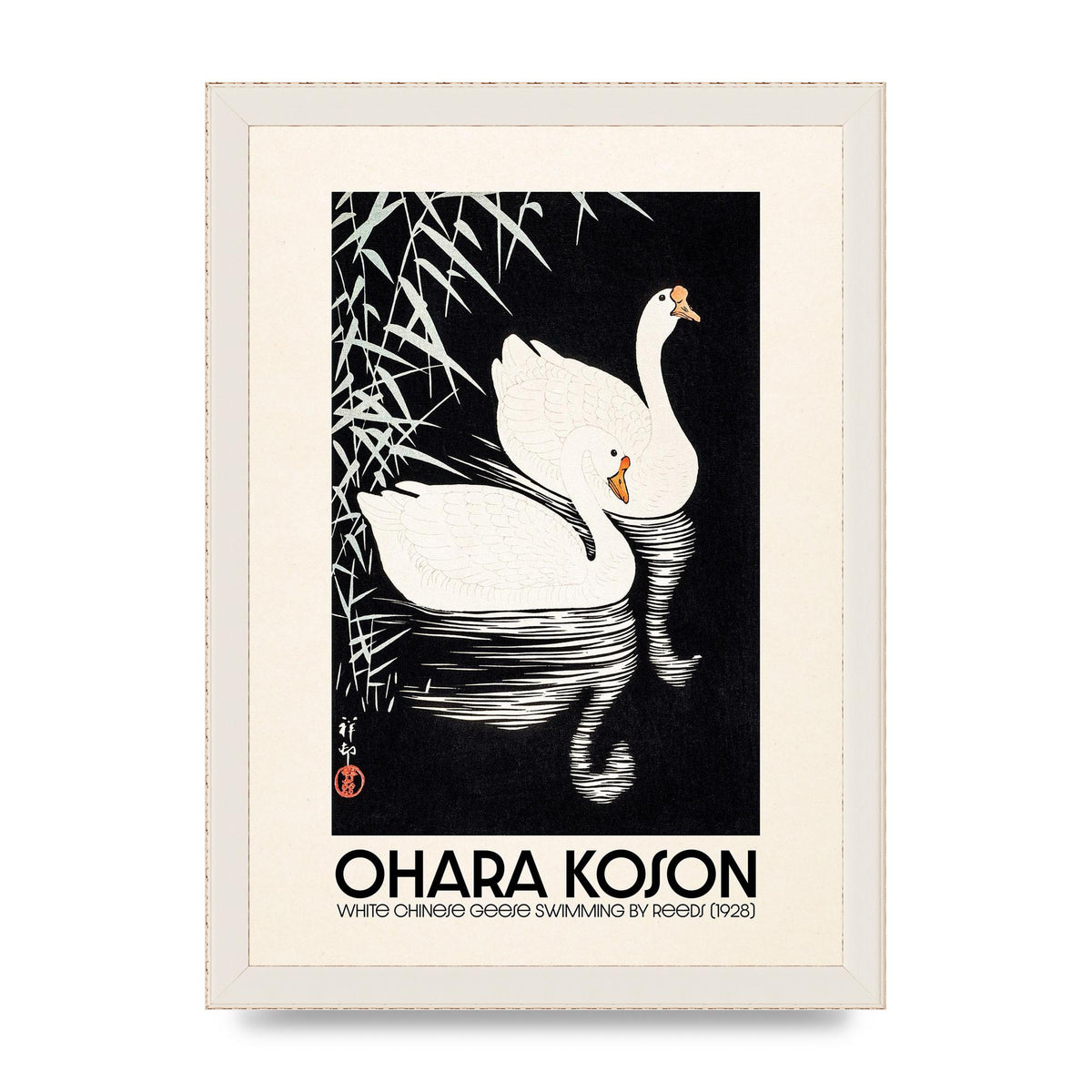 Ohara Koson White Chinese Geese Swimming By Reeds 1928 Printed Poster - A4 framed