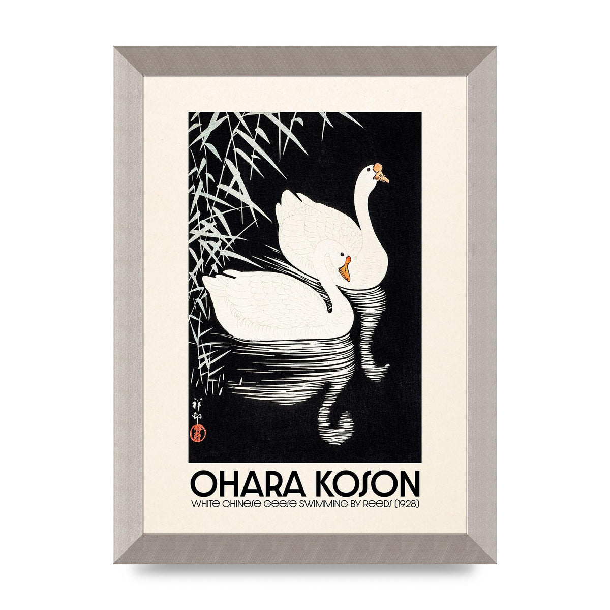 Ohara Koson White Chinese Geese Swimming By Reeds 1928 Printed Poster - A4 framed
