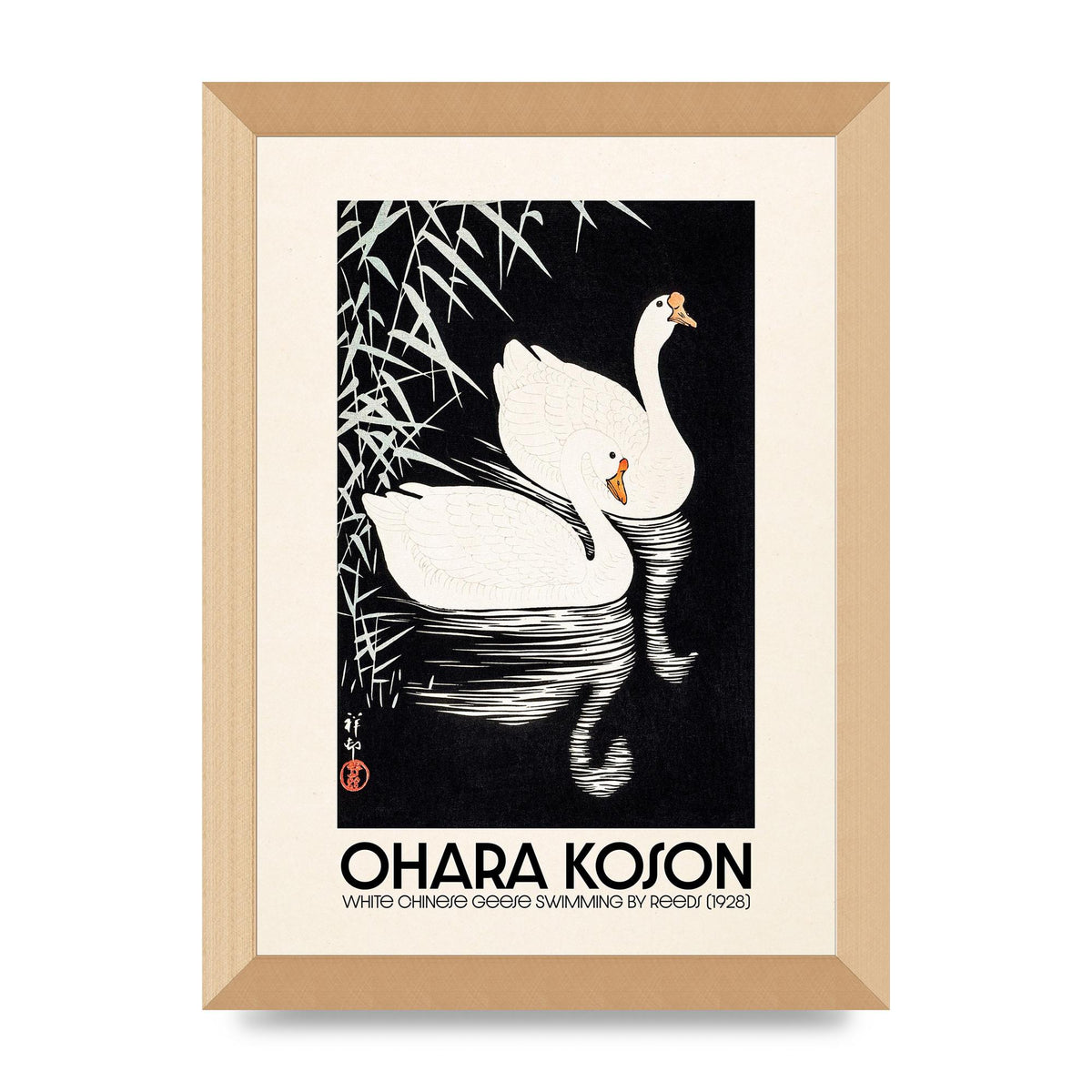 Ohara Koson White Chinese Geese Swimming By Reeds 1928 Printed Poster - A4 framed