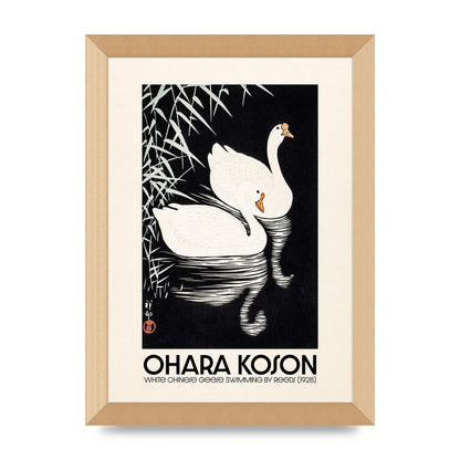 Ohara Koson White Chinese Geese Swimming By Reeds 1928 Printed Poster - A4 framed