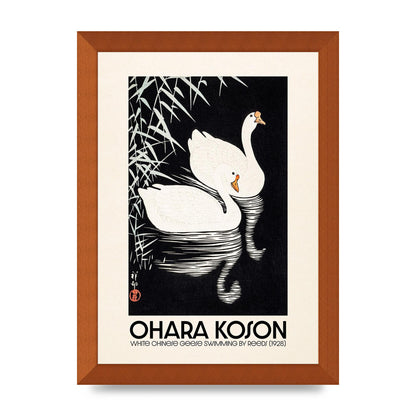 Ohara Koson White Chinese Geese Swimming By Reeds 1928 Printed Poster - A4 framed