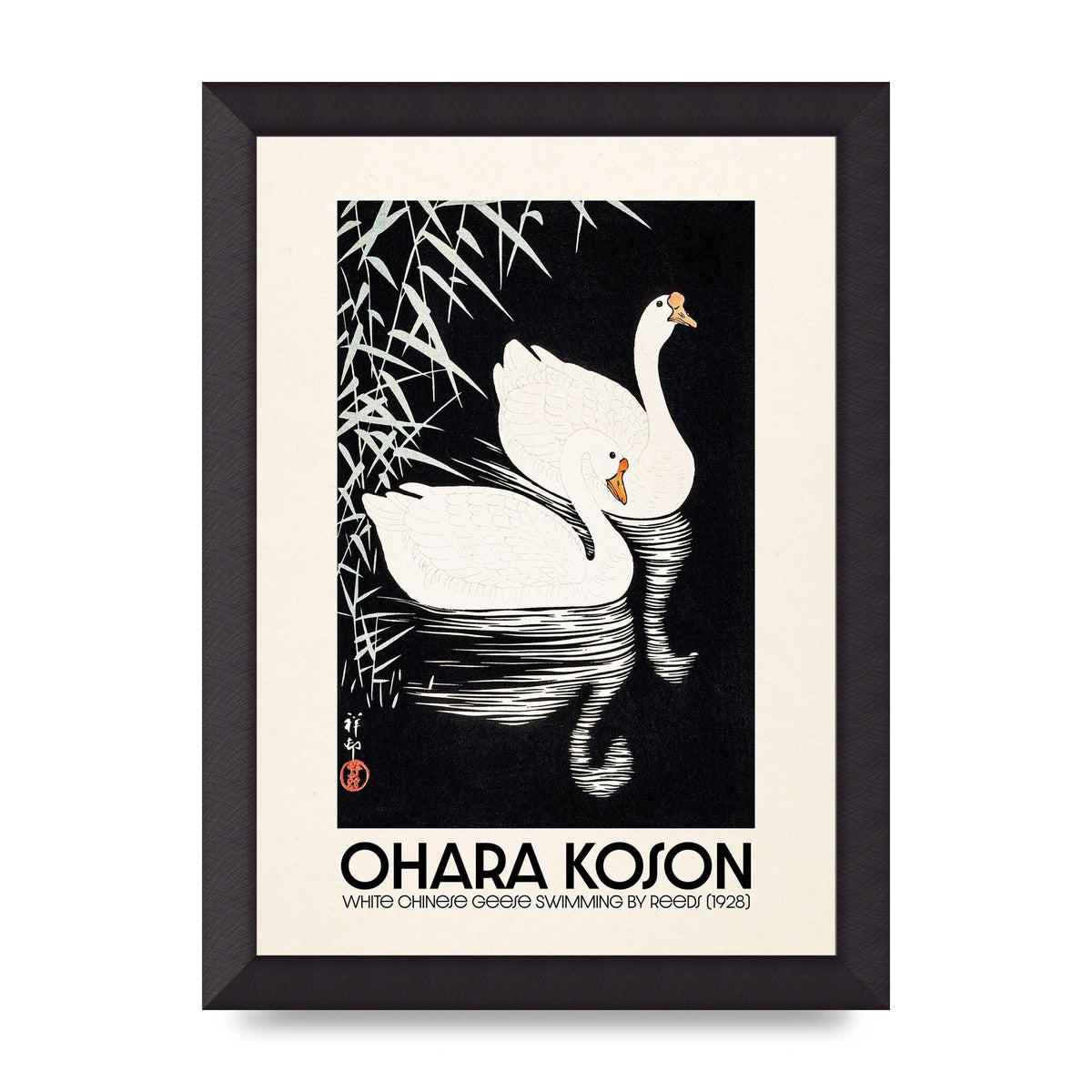 Ohara Koson White Chinese Geese Swimming By Reeds 1928 Printed Poster - A4 framed