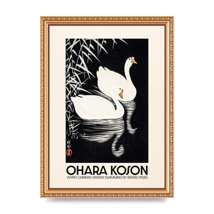 Ohara Koson White Chinese Geese Swimming By Reeds 1928 Printed Poster - A4 framed