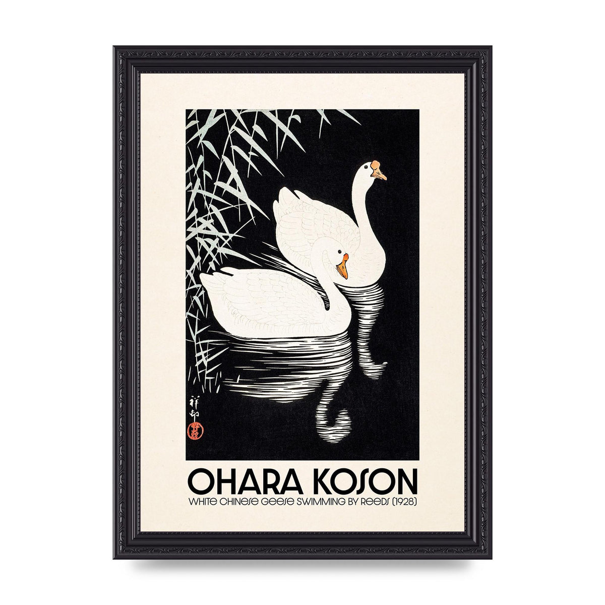 Ohara Koson White Chinese Geese Swimming By Reeds 1928 Printed Poster - A4 framed
