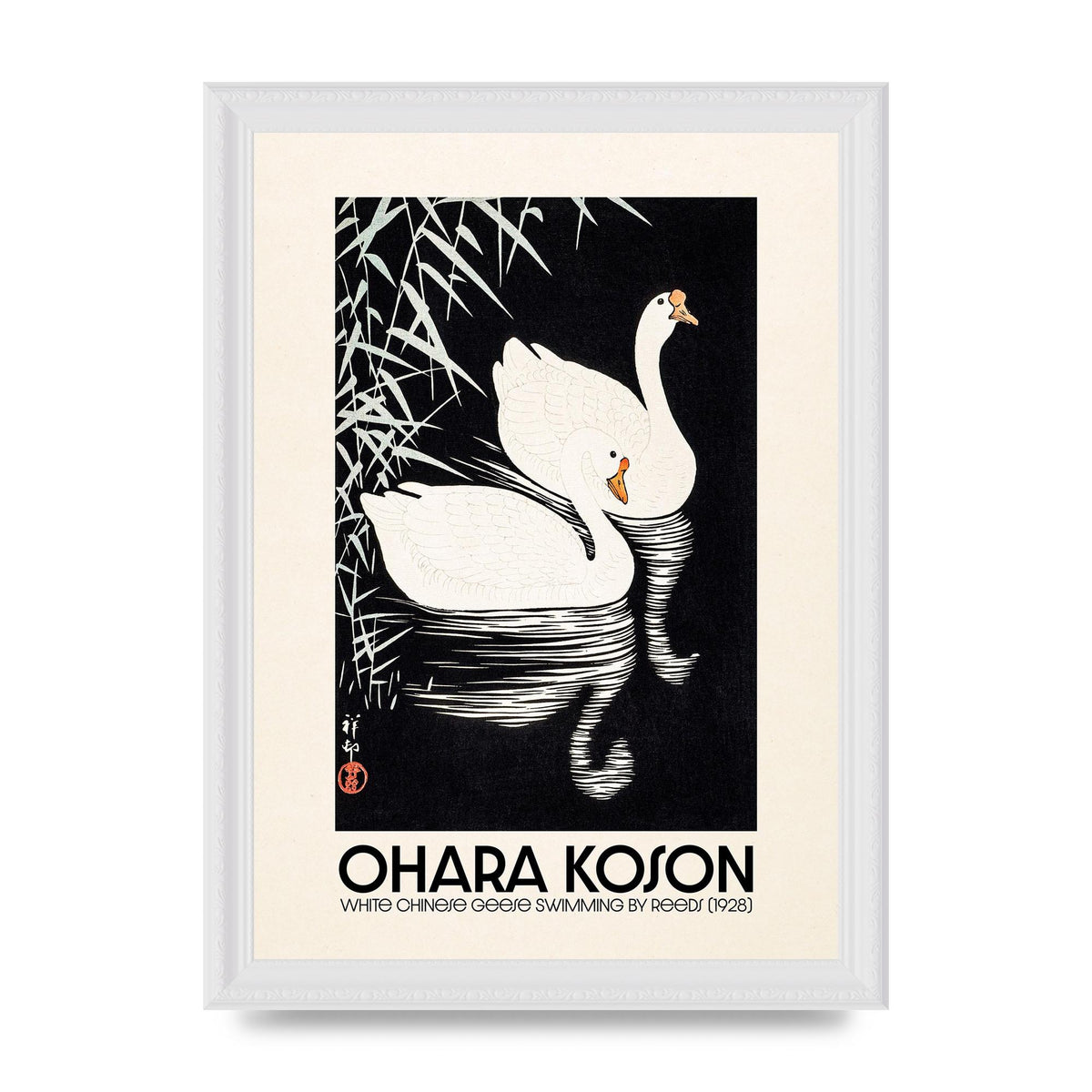 Ohara Koson White Chinese Geese Swimming By Reeds 1928 Printed Poster - A4 framed