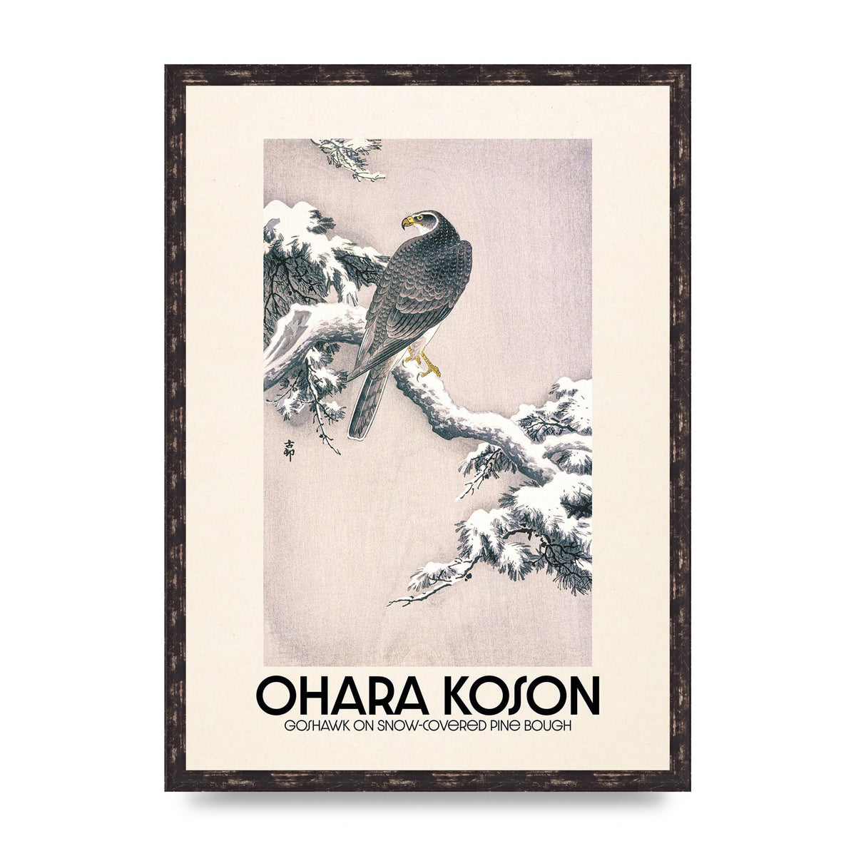 Ohara Koson Goshawk On Snow Covered Pine Bough Printed Poster - A2 framed