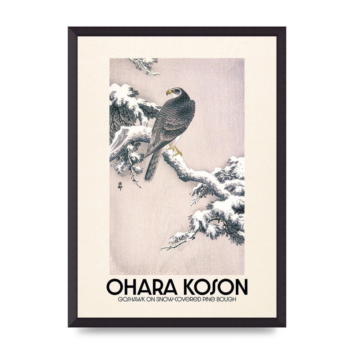 Ohara Koson Goshawk On Snow Covered Pine Bough Printed Poster - A2 framed