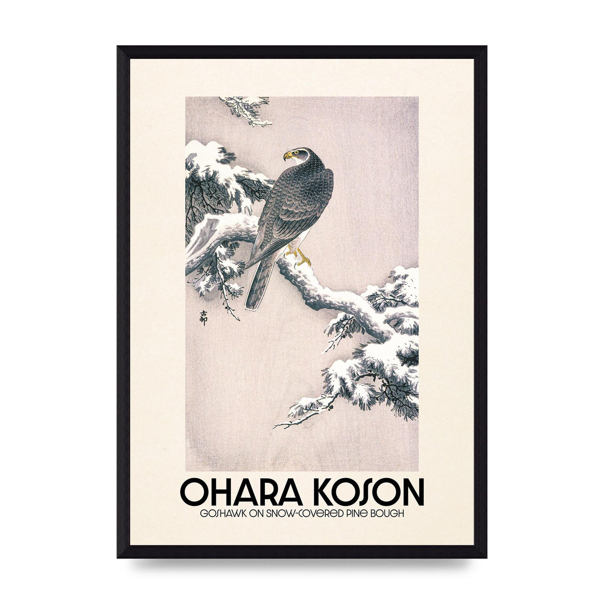 Ohara Koson Goshawk On Snow Covered Pine Bough Printed Poster - A3 framed