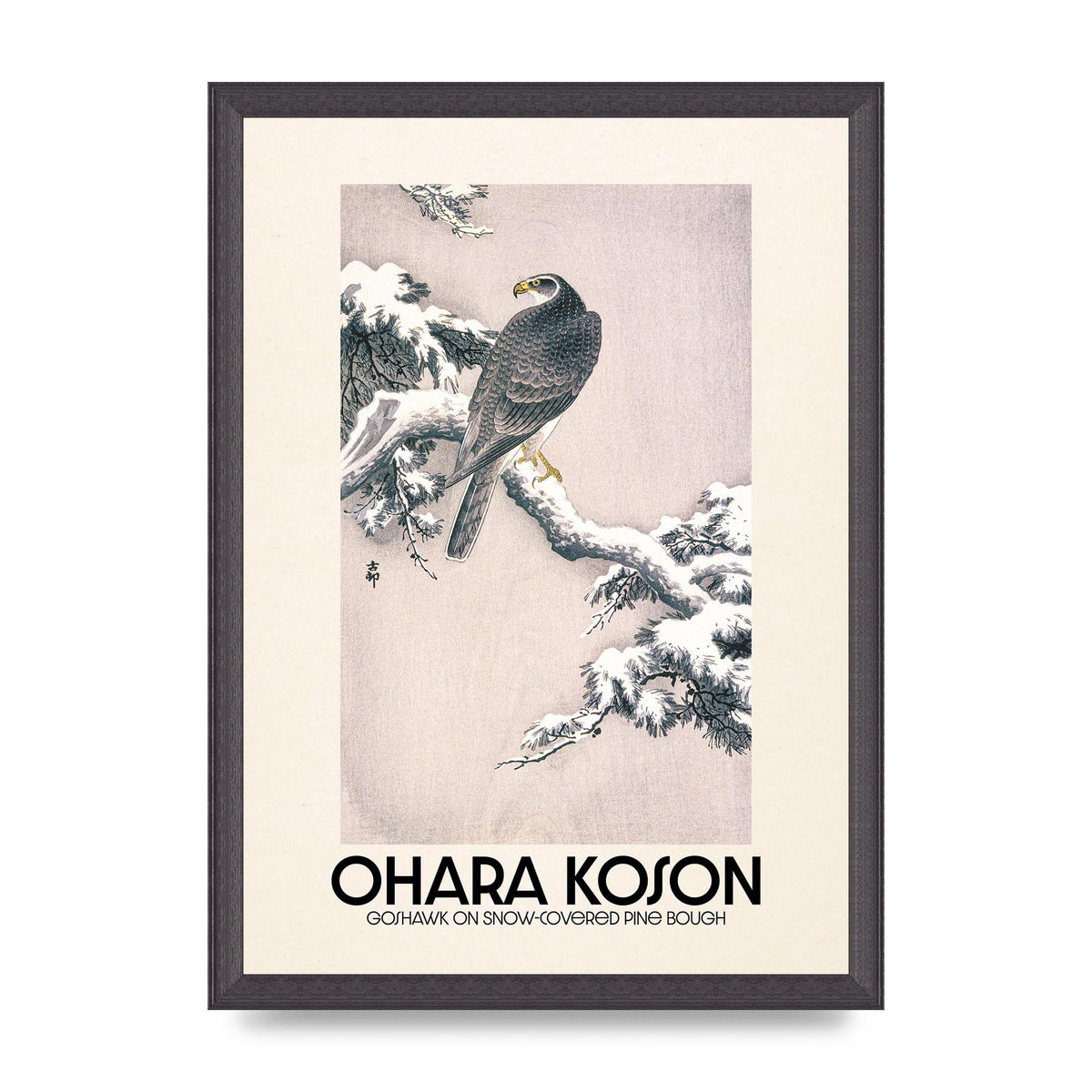 Ohara Koson Goshawk On Snow Covered Pine Bough Printed Poster - A3 framed